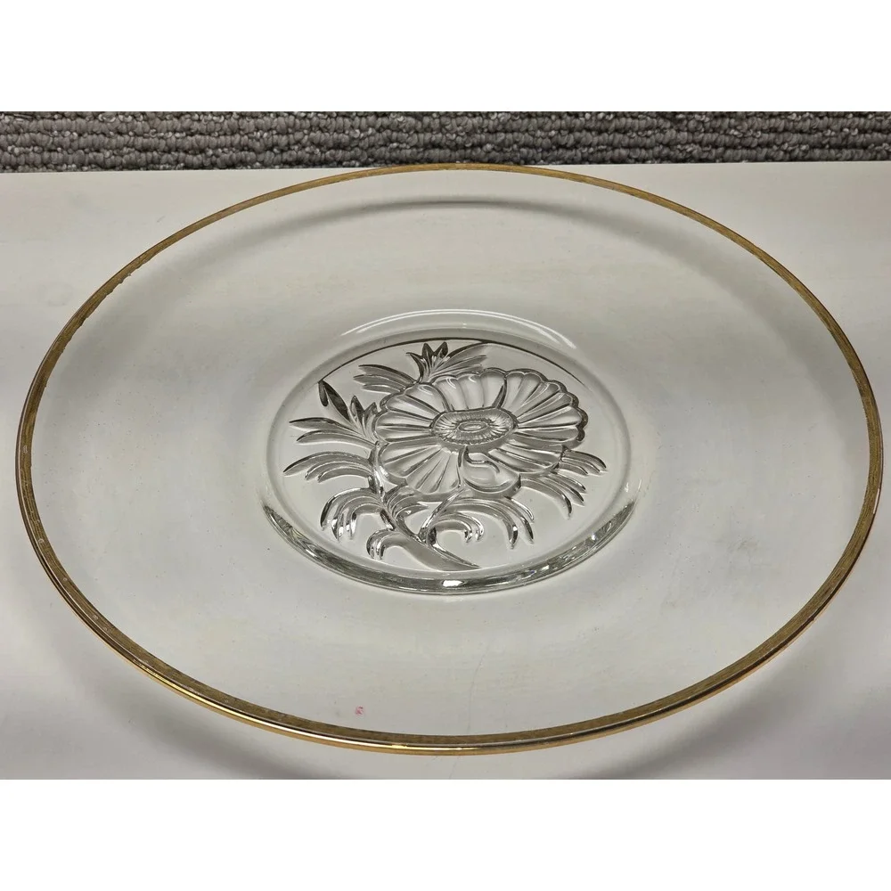 Vintage Clear Glass Cake Plate Gold Rim Embossed‎ Floral Dahlia Platter 13.5in